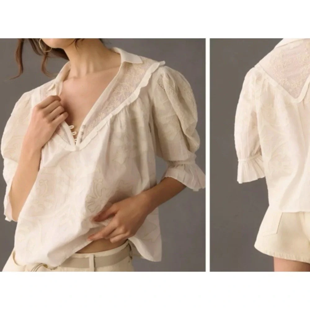 Anthropologie Womens M Heirloom Swing Blouse Ivory Embroidered Lace Boho Oversiz